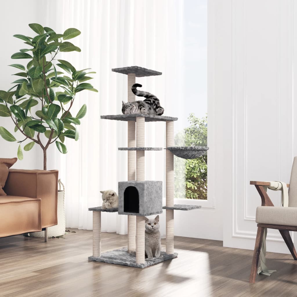 Árvore p/ gatos c/ postes arranhadores sisal 142 cm cinza-claro