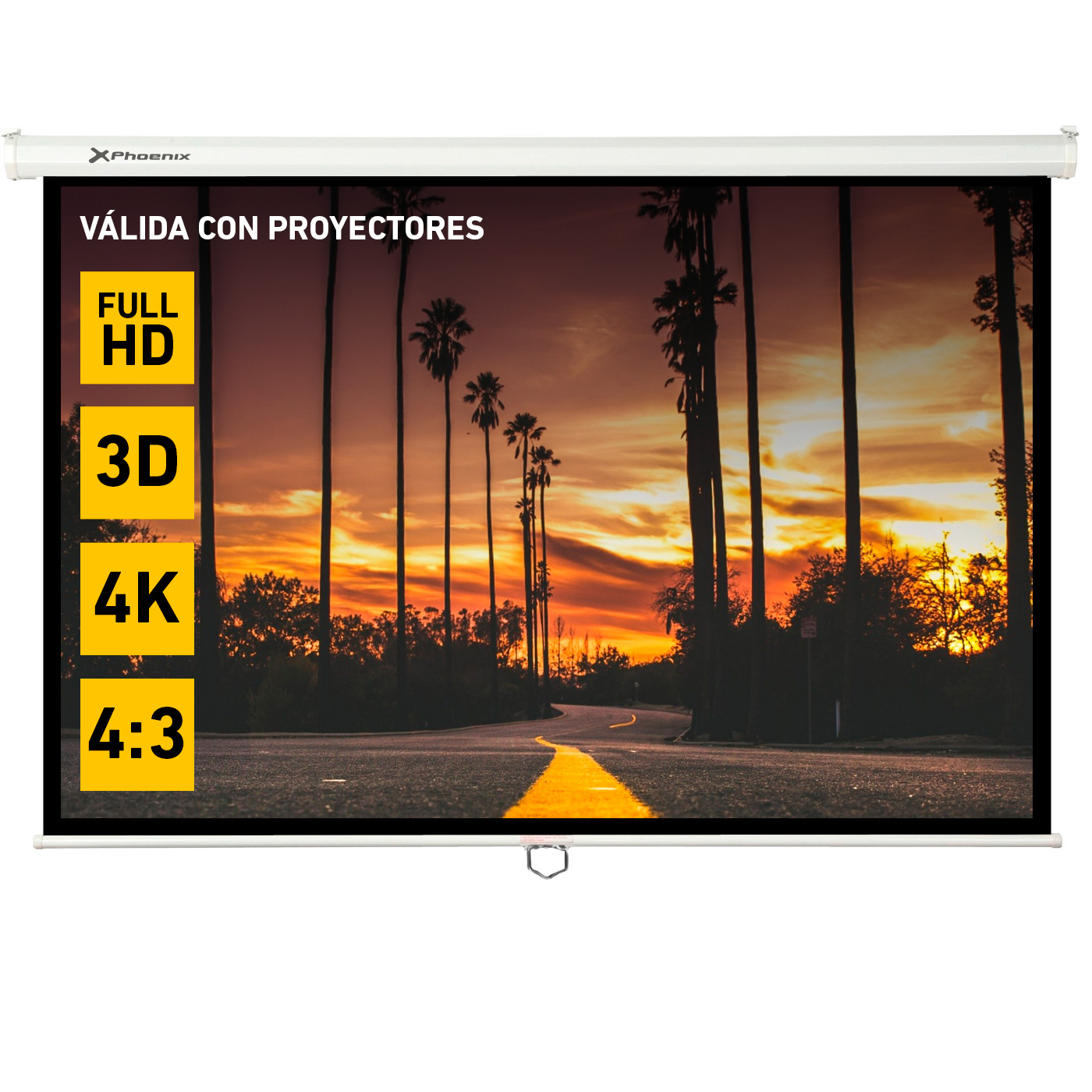 Pantalla manual videoproyector pared y techo phoenix 100´´ ratio 4:3 - 16:9 2m x 1.5m posicion ajustable - carcasa blanca - tela super resistente