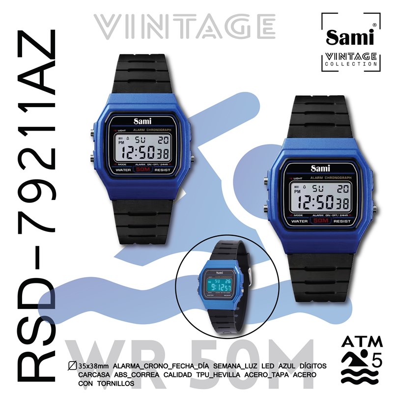 RELOJ SAMI VINTAGE LCD WR50M ALARMA/CRONO/FECHA/LUZ