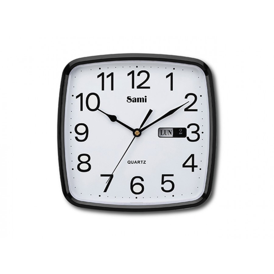 RELOJ DE PARED SAMI CUADRADO 25.4CM NEGRO ESFERA BLANCA Y CALENDARIO